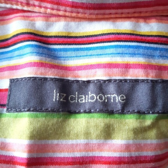 Liz Claiborne bright striped ruffle front button up collared blouse large - Picture 8 of 12